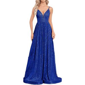 meilun Sleeveless V-Neck with Mesh Formal Long Dress Lace-up Backless Sequin Evening Gowns Wedding Guest Dress(A-blue)