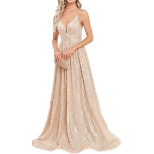 meilun Sleeveless V-Neck with Mesh Formal Long Dress Lace-up Backless Sequin Evening Gowns Wedding Guest Dress(A-champagne)