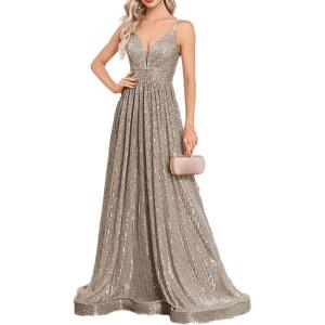 meilun Sleeveless V-Neck with Mesh Formal Long Dress Lace-up Backless Sequin Evening Gowns Wedding Guest Dress(A-grey)
