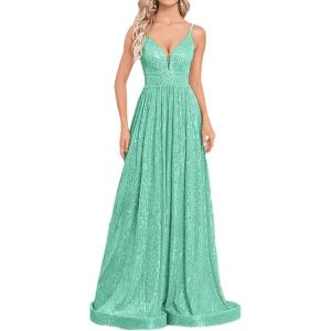 meilun Sleeveless V-Neck with Mesh Formal Long Dress Lace-up Backless Sequin Evening Gowns Wedding Guest Dress(A-lightgreen)