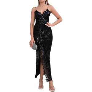 meilun Sparkly Spaghrtti Strap Sequin Formal Dress Evening Gowns High Slit Long Prom Wedding Guest Dress(A-black)