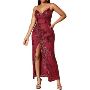 meilun Sparkly Spaghrtti Strap Sequin Formal Dress Evening Gowns High Slit Long Prom Wedding Guest Dress(A-wine)