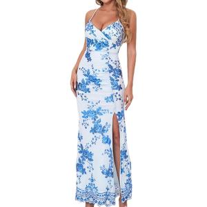 meilun Sparkly Spaghrtti Strap Sequin Formal Dress Evening Gowns High Slit Long Prom Wedding Guest Dress(C-bluewhite)