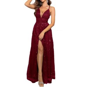 meilun Sparkly V Neck Sleeveless Maxi Dress for Women Chiffon A-line Prom Evening Gowns with Slit(A-wine)