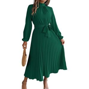 meilun Stand-up Collar Long-Sleeve Midi Dress with Tie-Waist and Pleats Versatile Casual Dress(Green)