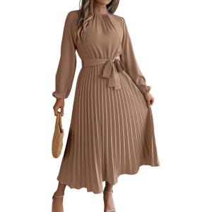 meilun Stand-up Collar Long-Sleeve Midi Dress with Tie-Waist and Pleats Versatile Casual Dress(Khaki)