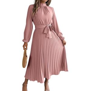 meilun Stand-up Collar Long-Sleeve Midi Dress with Tie-Waist and Pleats Versatile Casual Dress(Pink)