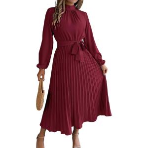 meilun Stand-up Collar Long-Sleeve Midi Dress with Tie-Waist and Pleats Versatile Casual Dress(Wine)