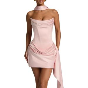 meilun Strapless Cropped Satin Dress with Boning and Drawstring Detail Bridesmaid Dresses(Pink)