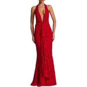 meilun Tie Pleated Maxi Dress Deep V Neck Backless Hip Embroidered Dresses Holiday Seaside Party(Red)