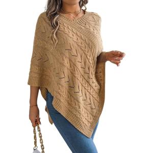 meilun Twisted-Knit Oversized Cape Sweater Elegant Casual Solid-Color Jacket(Khaki)
