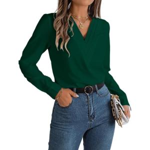 meilun V-Neck Long-Sleeve Shirt Solid Color Slim-Fit Elegant Blouse Women’s Professional Daily Wear(Green)