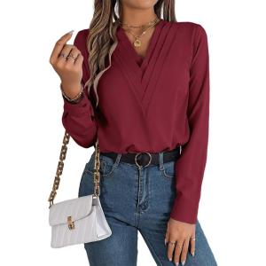 meilun V-Neck Long-Sleeve Shirt Solid Color Slim-Fit Elegant Blouse Women’s Professional Daily Wear(Red)