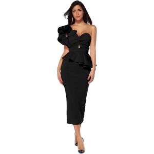 meilun Women Celebrity Evening Party Dress Bodycon Sets One Shoulder Ruffles Club Dress(Black)