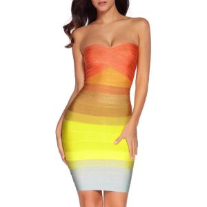 meilun Women’s Bandage Straless Dress Bodycon Cocktail Party Dress Wedding Guest Dress(Multi-orange)