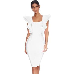 meilun Womens Celebrity Party Bandage Dress Vestido Ruffles Butterfly Sleeve Bodycon Club Dress(White)