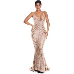 meilun Womens Deep V Elegant Striped Backless Dresses Sequin Bodycon Maxi Party Reflective Dress(Beige)
