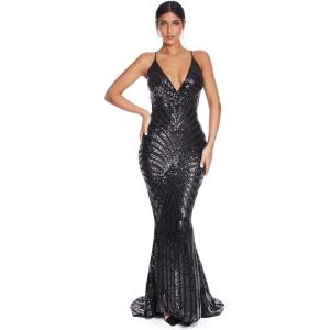 meilun Womens Deep V Elegant Striped Backless Dresses Sequin Bodycon Maxi Party Reflective Dress(Black)