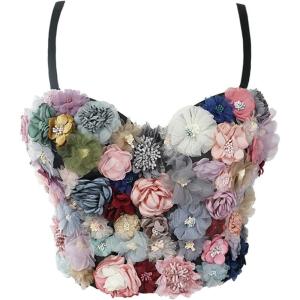 meilun Women’s Glitter Rhinestone Diamond Jean Bustier 3D Crop Top Floral Corset Bra Clubwear for Party(Floral)