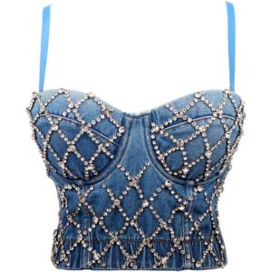 meilun Women’s Glitter Rhinestone Diamond Jean Bustier 3D Crop Top Floral Corset Bra Clubwear for Party(Jean)