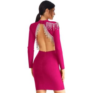 meilun Womens Long Sleeve Bandage Winter Beaded Tassel Dress Bodycon Dress Club Party Dresses(Rose)