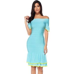 meilun Womens Ruffled Short Sleeve Fluted-Hem Bandage Bodycon Party Dress (Sky Blue, S)