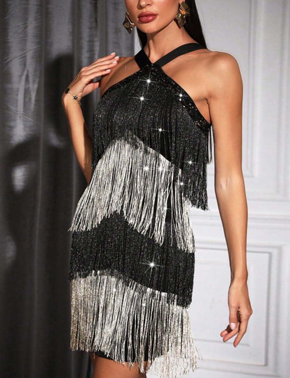 imageWomens Cross Strap Cocktail Dresses Flapper Dresses 20s Gatsby Tassel Short Dresses Prom Party DressAblackgold
