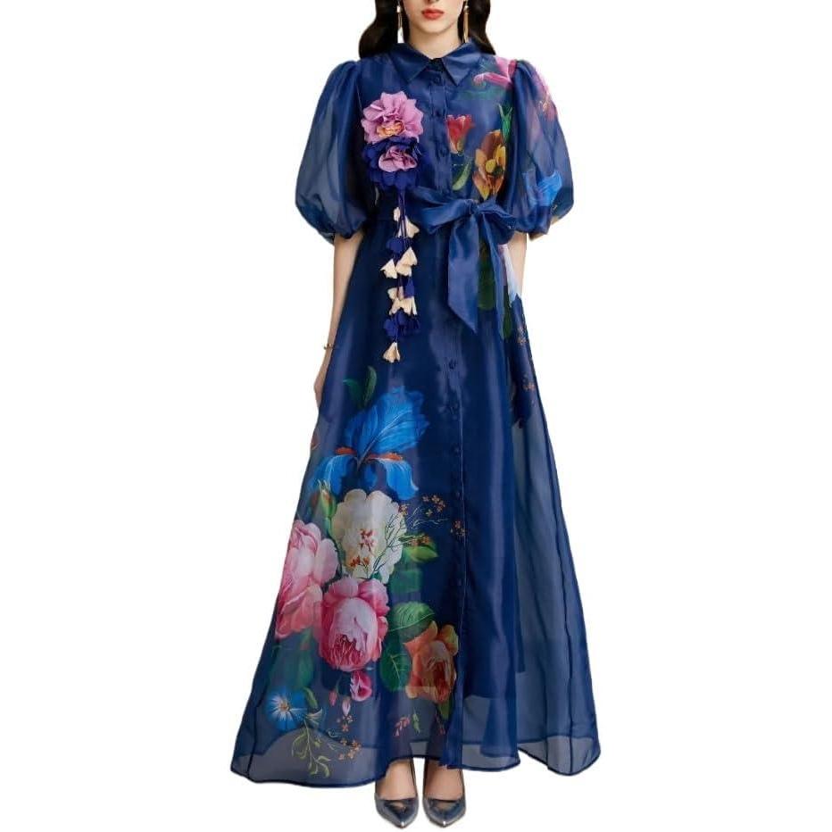image3D Floral Maxi Dress Vacation Collar Puff Sleeve LongSleeve Printed Early Autumn DressBlue
