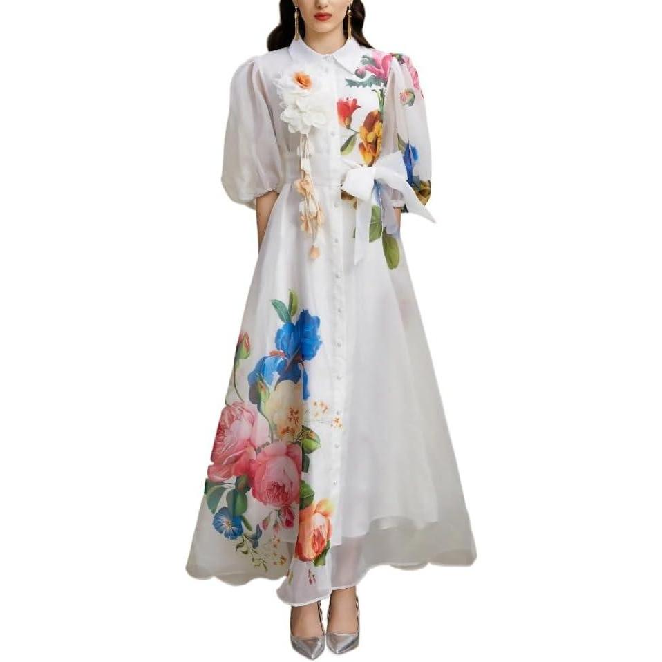 image3D Floral Maxi Dress Vacation Collar Puff Sleeve LongSleeve Printed Early Autumn DressWhite