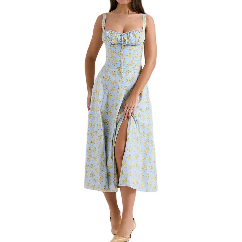 imageCasual Floral Print Dress Midi Sleeveless Strappy Cocktail Party Dress Aline Summer Wedding Guest Dresses for WomenAblue2