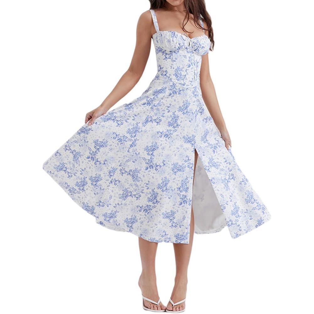 imageCasual Floral Print Dress Midi Sleeveless Strappy Cocktail Party Dress Aline Summer Wedding Guest Dresses for WomenAblueflower1