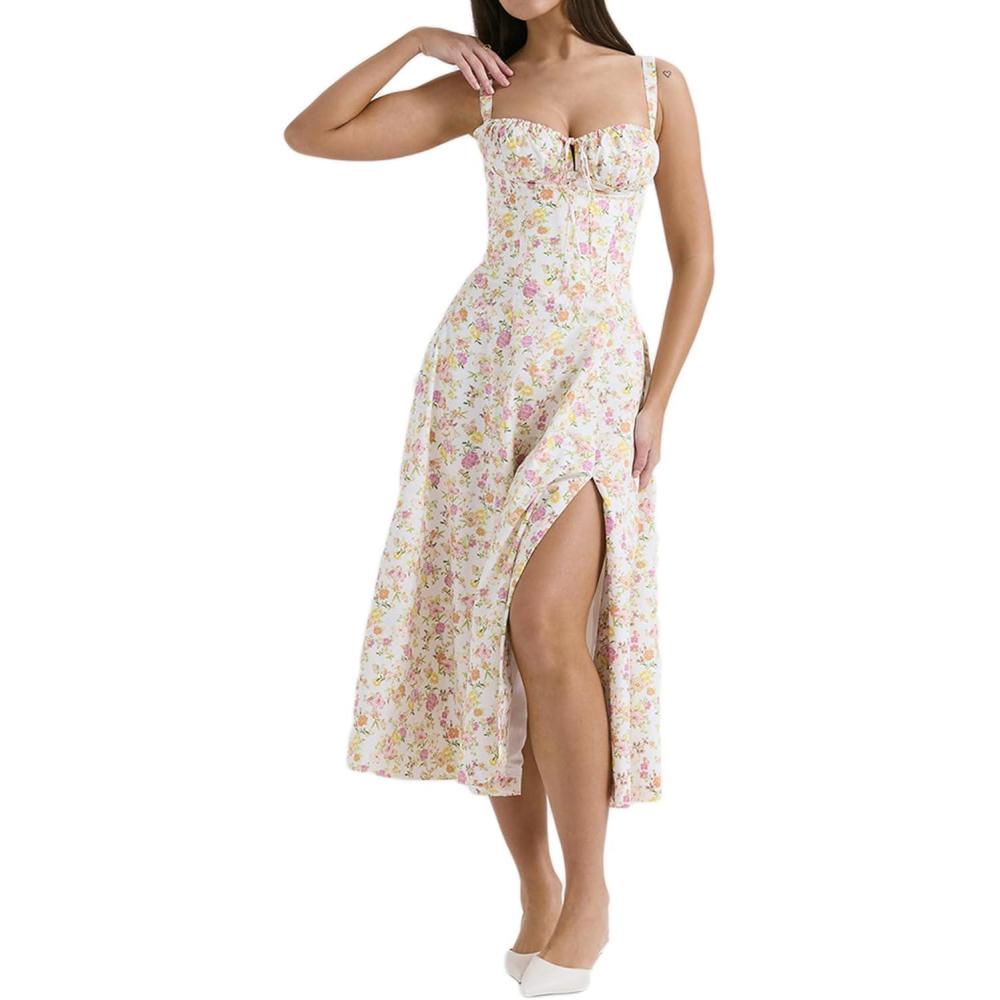 imageCasual Floral Print Dress Midi Sleeveless Strappy Cocktail Party Dress Aline Summer Wedding Guest Dresses for WomenAflower2