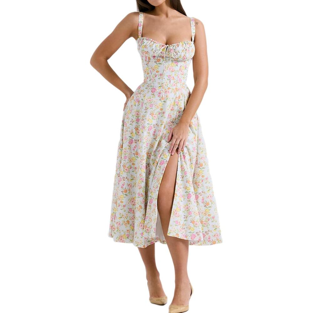 imageCasual Floral Print Dress Midi Sleeveless Strappy Cocktail Party Dress Aline Summer Wedding Guest Dresses for WomenAflower4