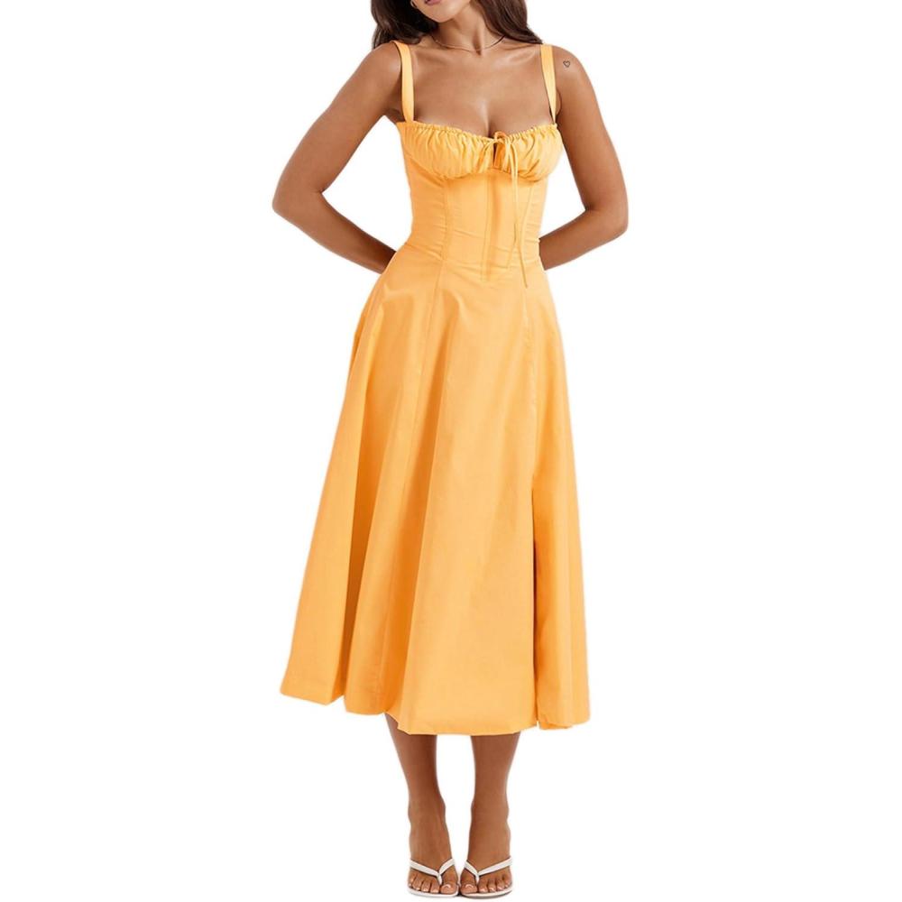imageCasual Floral Print Dress Midi Sleeveless Strappy Cocktail Party Dress Aline Summer Wedding Guest Dresses for WomenAorange
