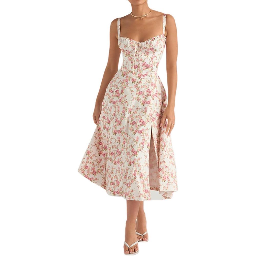 imageCasual Floral Print Dress Midi Sleeveless Strappy Cocktail Party Dress Aline Summer Wedding Guest Dresses for WomenApinkprinted