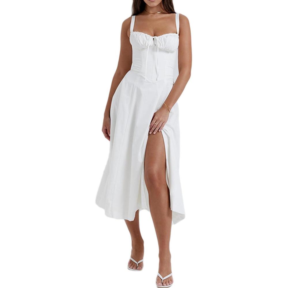 imageCasual Floral Print Dress Midi Sleeveless Strappy Cocktail Party Dress Aline Summer Wedding Guest Dresses for WomenAwhite