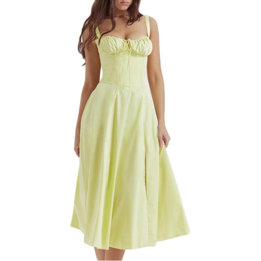 imageCasual Floral Print Dress Midi Sleeveless Strappy Cocktail Party Dress Aline Summer Wedding Guest Dresses for WomenAyellow