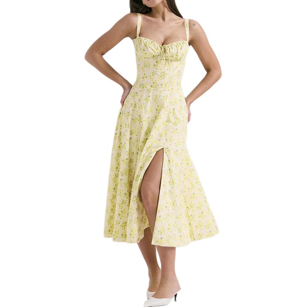 imageCasual Floral Print Dress Midi Sleeveless Strappy Cocktail Party Dress Aline Summer Wedding Guest Dresses for WomenAyellowflower1