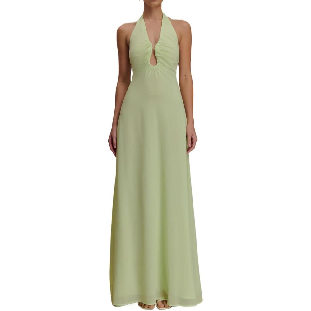 imageChiffon Halter Maxi Dress VNeck Halter Neck ResortStyle Casual DressGreen