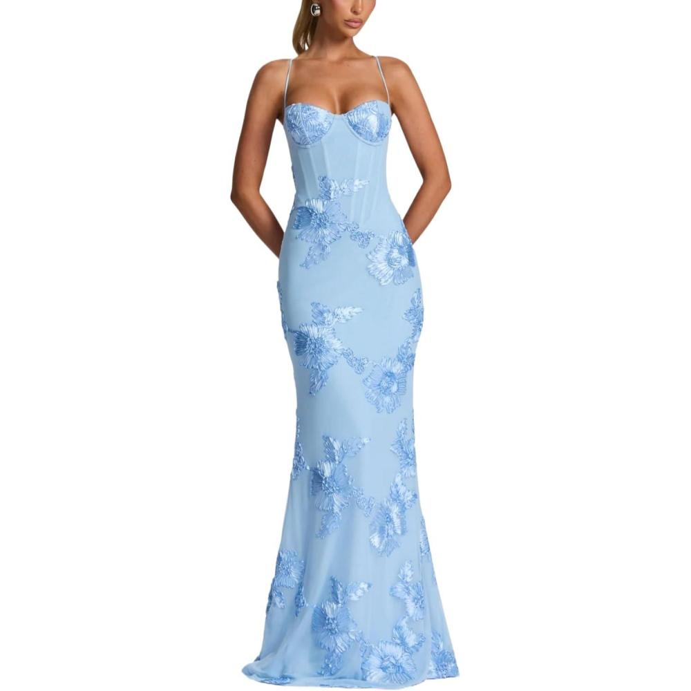 imageFloralEmbellished Long Dress Strapless Fitted FrenchStyle Backless SolidColor Evening GownBlue