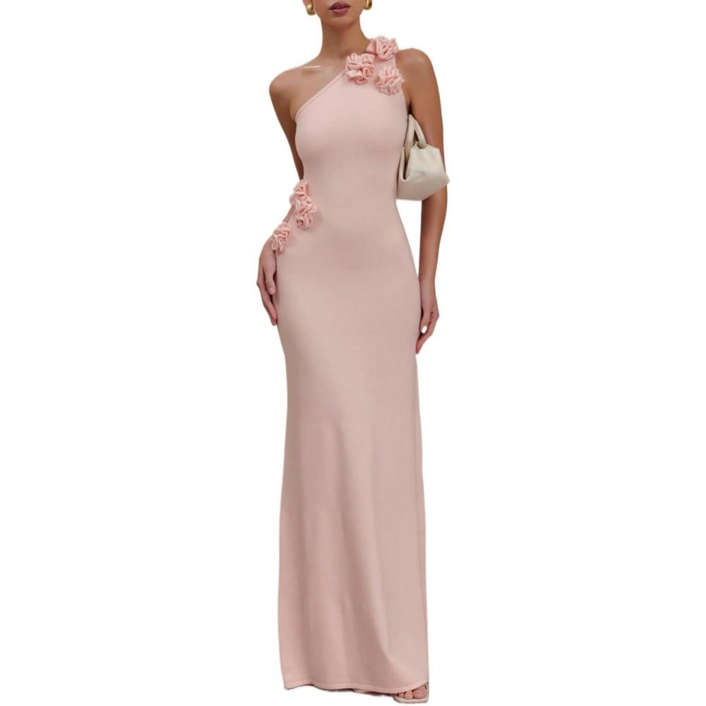 imageKnit Floral Dress OffTheShoulder Maxi Party Dress INS Vacation StylePink