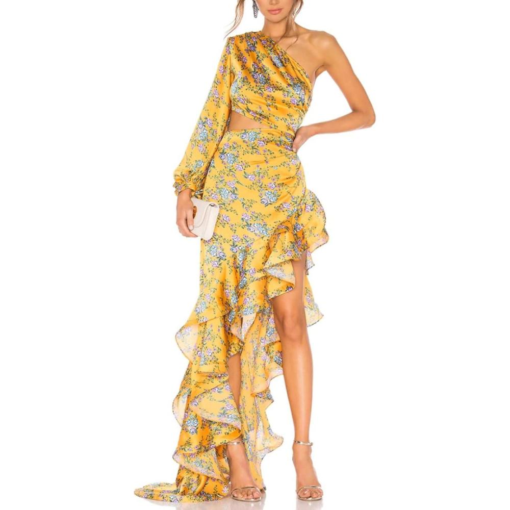 imageOne Shoulder Floral Dress for Women Cut Out Ruffle Boho Maxi DressAfloral2