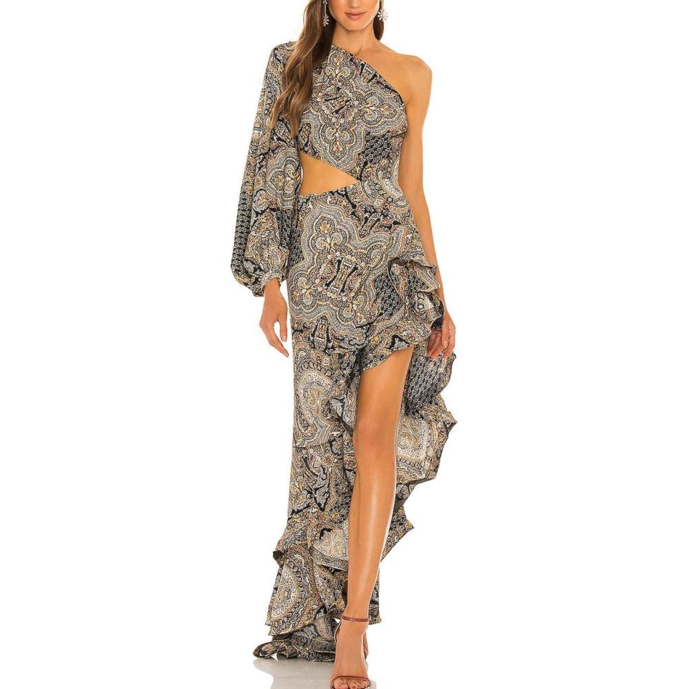 imageOne Shoulder Floral Dress for Women Cut Out Ruffle Boho Maxi DressAfloral3