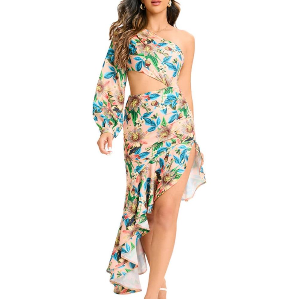 imageOne Shoulder Floral Dress for Women Cut Out Ruffle Boho Maxi DressAfloral4