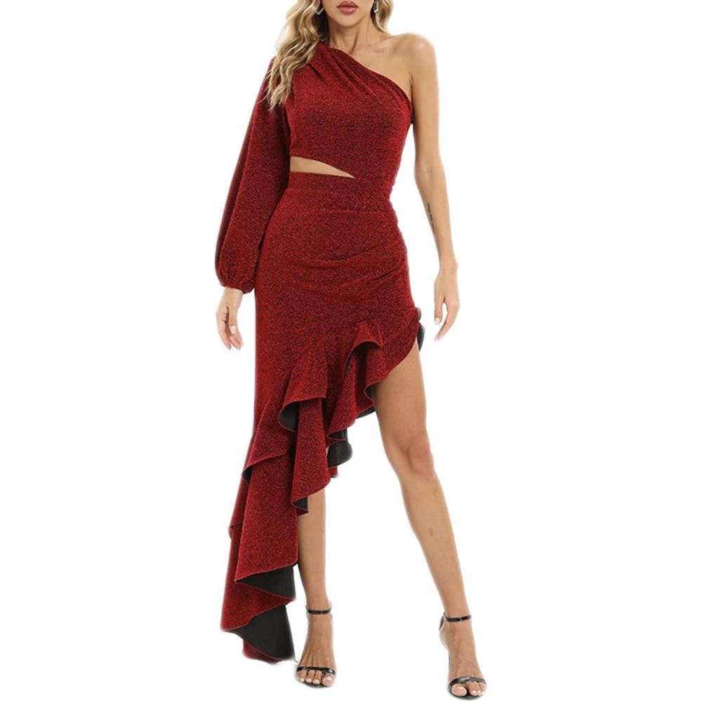 imageOne Shoulder Floral Dress for Women Cut Out Ruffle Boho Maxi DressAwine