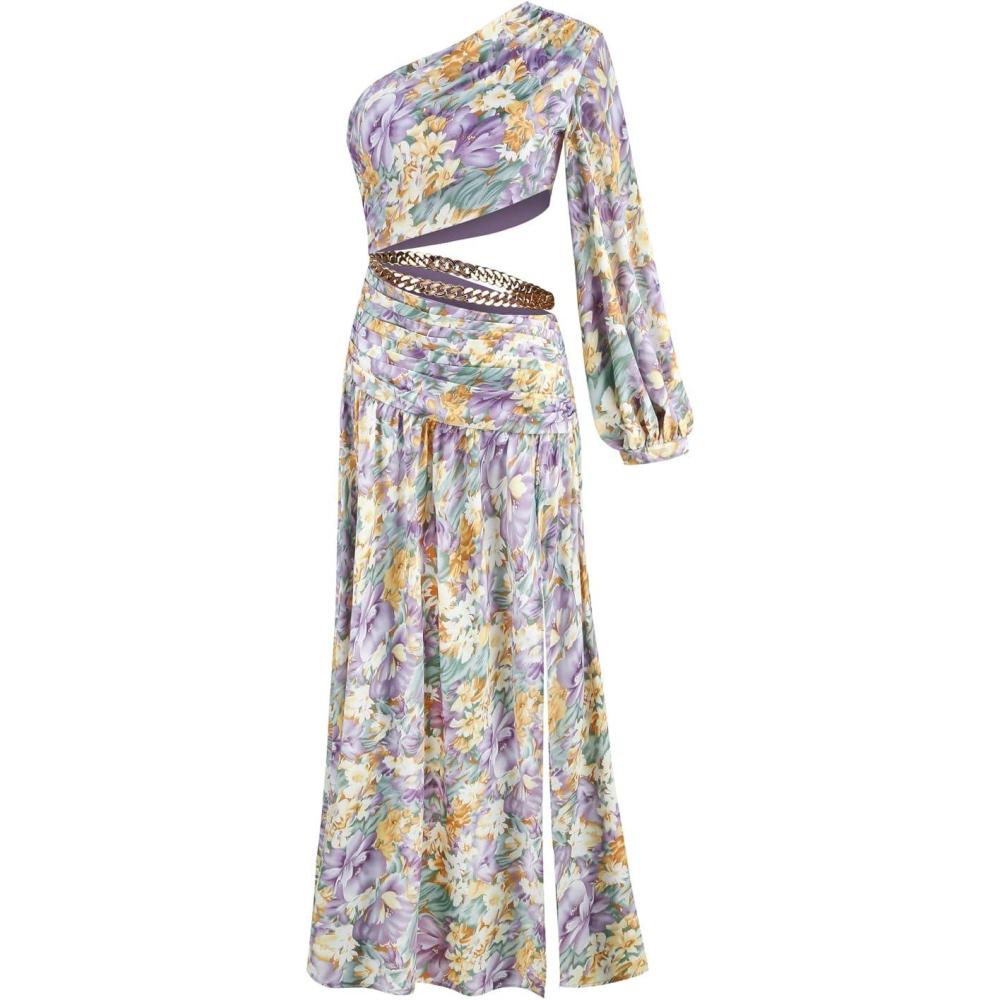 imageOne Shoulder Floral Dress for Women Cut Out Ruffle Boho Maxi DressBfloral1with Metal Chain