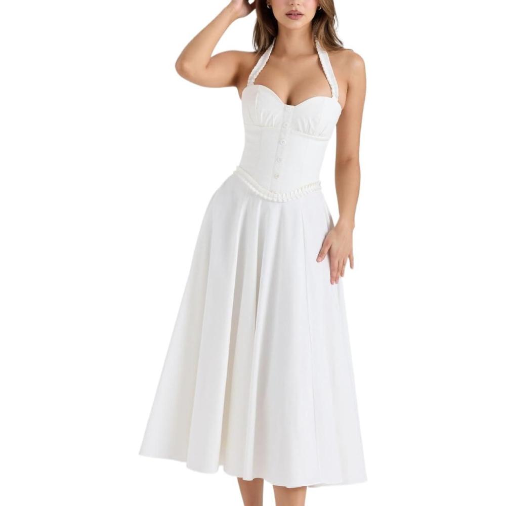 imagePink Rose Print Stretch Cotton Halter Neck Midi Dress French Corset Summer Vacation DressWhite