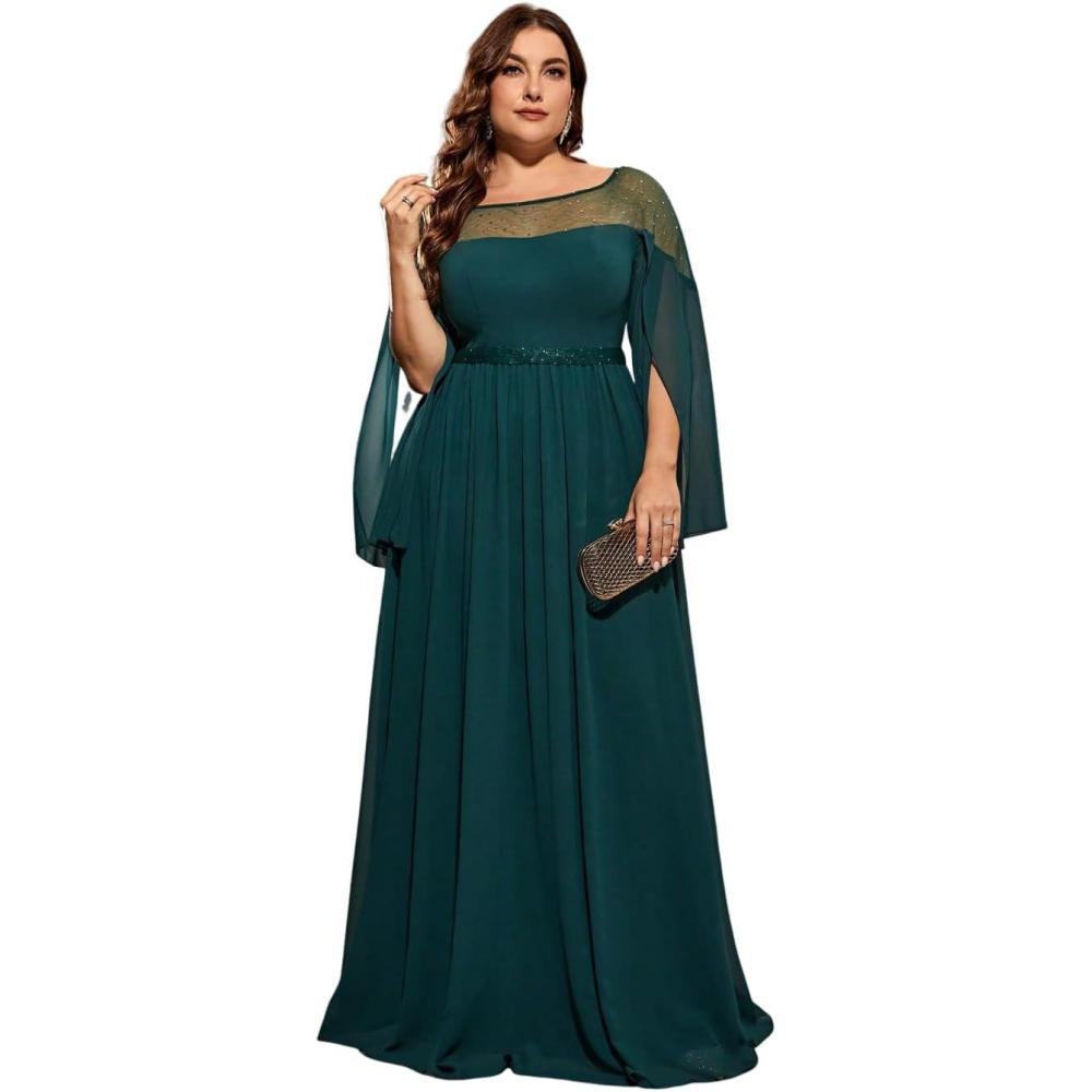 imagePlus Size Round Neck Longline Bridesmaid Dress Green MotherofTheBride Chiffon GownGreen