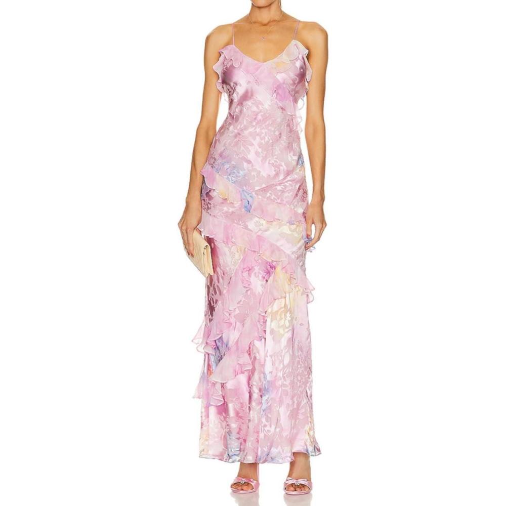 imageRuffle Floral Dress Colorful Halter Chic V Neck Sleeveless Long Beach DressesBpink