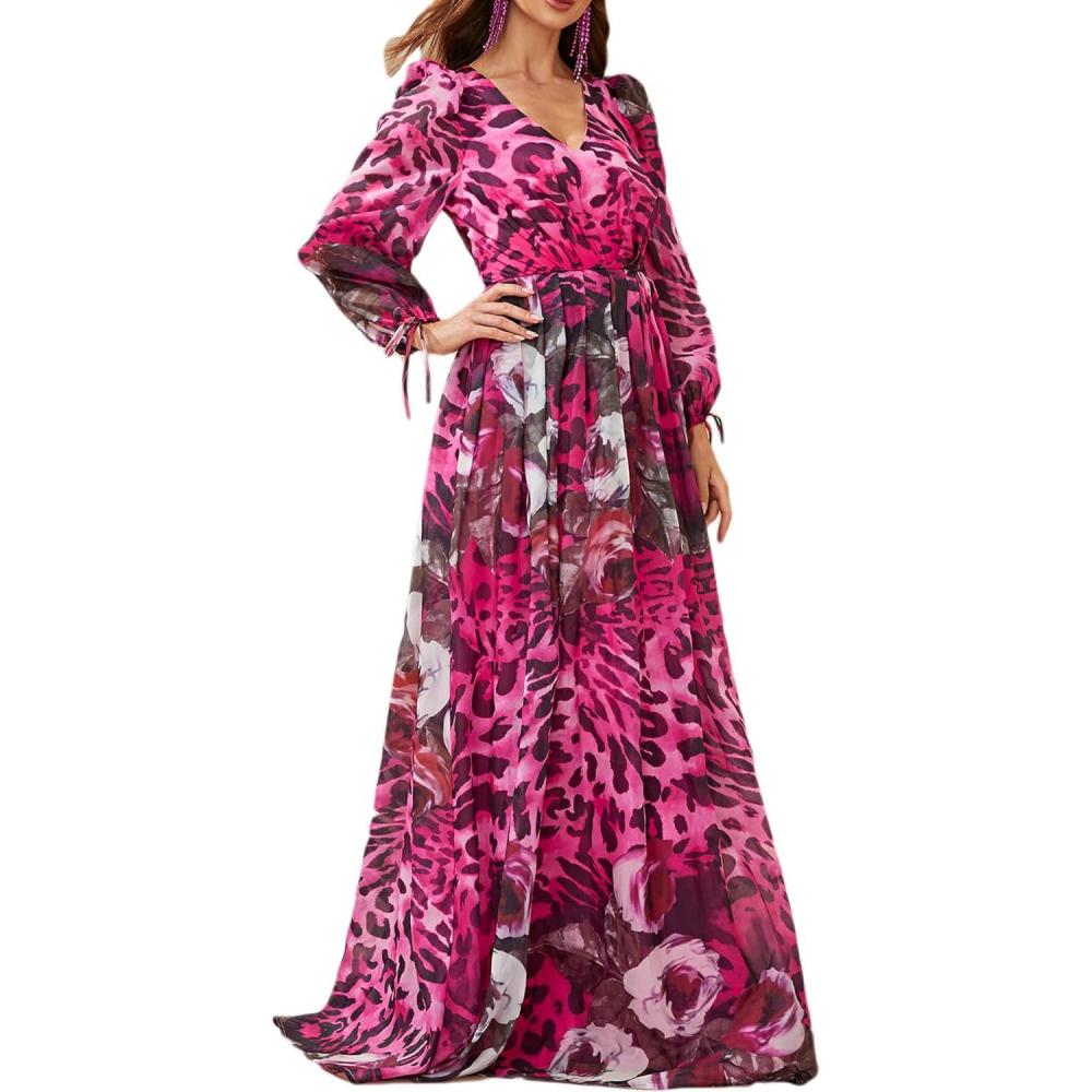 imagemeilun Long Sleeve Printed Chiffon Maxi Dresses Deep VNeck Boho Holiday Long Dress Beach DressApurpleleopard